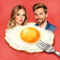 fried egg, soft yolk, no fork, kseniia yeromenko, rob duenas, watercolor, illustration, red background, highly detailed