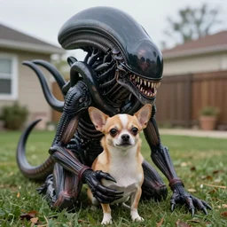 a small chihuahua dog inside the mouth of a drooling smooth xenomorph from the movie aliens IV. Suburban backyard. Production photograph from horror sci-fi film directed by Ridley Scottie.