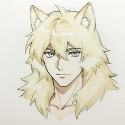 modern anime colored concept art sketch portrait of a male anthro anthropomorphic cream colored wolf, with cream colored hair, colored line art on white paper, male anime eyes, key anime visual