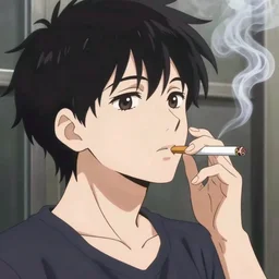 a still from an anime, smoking a cigarette. 1 9 8 9