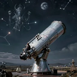 dreaming of distant worlds, sitting by large telescope, constellations shaped like lovecraftian deities