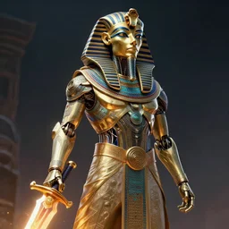 cyborg pharaoh with a plasmasword, by cedric peyravernay, highly detailed, excellent composition, cinematic concept art, dramatic lighting, trending on artstation