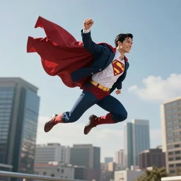 action shot of a flying consultant superhero