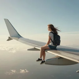 realistic fantasy scene of a girl sitting on the wing of a flying airplane, side angle view, 1 6 mm lens, far shot, very windy, sunny morning light, 4 k, detailed photo, hyperrealism, hdr, volumetric lighting, cinematic composition
