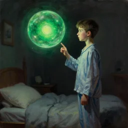 a young teen, wearing pajamas, standing in his bedroom watching a green glowing orb floating in front of him, orb, dark, dramatic lighting, detailed, oil painting by jama jurabaev