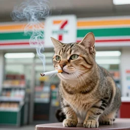 cat smoking a cigarette in 7 - eleven