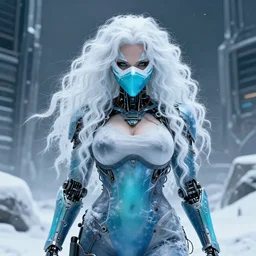 highly detailed portrait of wasteland long curly white ice shard hair ninja mask curvy physique lady, stray wiring by atey ghailan, james gilleard, by joe fenton, by greg rutkowski, by greg tocchini, by kaethe butcher, 4 k resolution, gradient blue, cyan, black and white color scheme!!! ( ( snowy glaciated robotic dystopian city background ) )