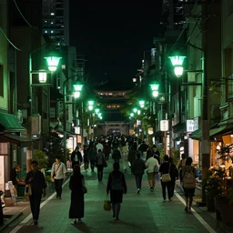 kyoto street at night, crowded streets, green street lights everywhere, 8K, trending on artstation, golden ratio, rule of thirds, low key, establishing shot, extremely high detail, concept art