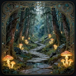 enchanted forest in the rocky mountains, intricate design, elegant, magical, art nouveau, environment art, film still, glowing mushrooms, stone trails, water, art by art by artgerm and greg rutkowski and ruan jia and peter polach