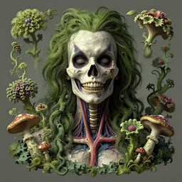 a beautiful detailed rococo portrait of a rotten woman corpse becoming almost a skull with face muscles, veins, arteries, fractal plants and fractal flowers and mushrooms growing around, intricate, ornate, volumetric light, beautiful lit, beetlejuice