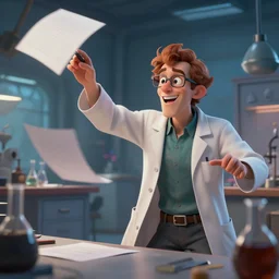 a slightly mad scientist throwing a paper, artstation, artistic