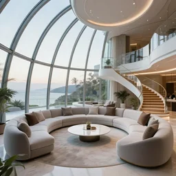 A futuristic living room in a glass dome with floor to ceiling glass windows on the left and curved wooden stairs going upstairs on the right, Luxury huge U type sofa in with a white marble table in the center of the living room, professional interior design photograph, wide angle photograph, 8k resolution, hyper detailed