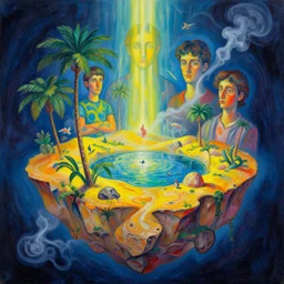 gediminas pranckevicius fish eye view of detailed portrait of floating miniature desert island with oasis planet, intricate complexity, by greg rutkowski, ross tran, conrad roset, takato yomamoto, ilya kuvshinov palm trees, small lake, birds, rocks, painting by lucian freud and mark brooks, bruce pennington, bright colors, neon, life, god, godrays, sinister hall smoke