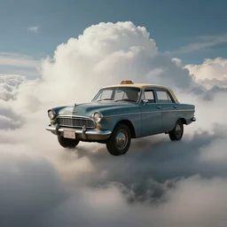 an old taxi car floating above cumulus clouds in the sky, dramatic