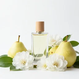 perfume bottle surrounded by white flowers, green leaves, and pears, soft zen minimalist, white background, bright, crisp