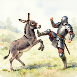 a donkey strongly kicking an armored man, watercolor