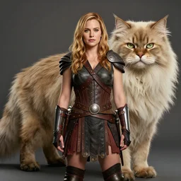 portrait of amy adams as an amazon warrior standing next to her fluffy giant cat beast, highly detailed, magali villeneuve