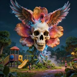 by etienne delessert and adam paquette, visually stunning, cinematic, ultra realistic, hyper realism, 1 2 k, epic, octane render, unreal engine, vfx, maya, jellyfish face skull phoenix bird : smoke and water energy flow, giant flower as head : a post - apocalyptic kid's playground at night covered by nature