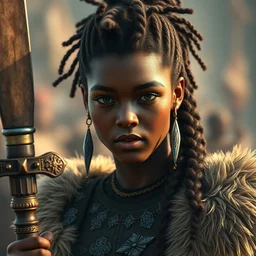 a handsome afro hair viking girl african american, clash royal style characters, unreal engine 5, octane render, detailed, cinematografic, cinema 4 d, artstation trending