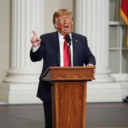 Donald trump as a midget giving a fiery speech from a small pulpit