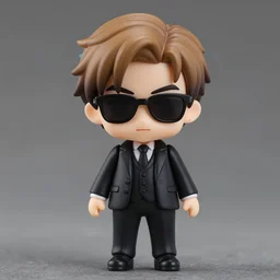 nendoroid of crowley from good omens, marron short hair, black suit, sunglasses, good omens tv series, david tennant, product photography