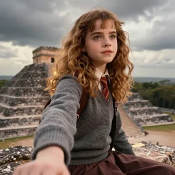 selfie of Hermione Granger sitting down, on top of a Mayan Pyramid in South America, looking out toward the horizon