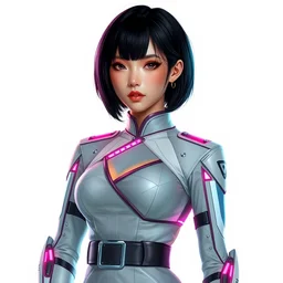 a digital concept art by artgerm, greg rutkowski and alphonse mucha. a high set geometric tailoring uniform. short black hair. tactical belt. clear portrait of an attractive japanese showgirl in hi - tech short cheongsam. cyber leg prosthesis!! white, tiffany blue!! and pink orange laser straps. 8 k. hyper detailed