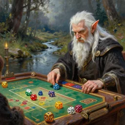 fantasy dice gambling with a white haired dwarf next to a shallow creek, oil painting, greg rutkowski, highly detailed, colorful, dramatic lighting, cinematic composition,