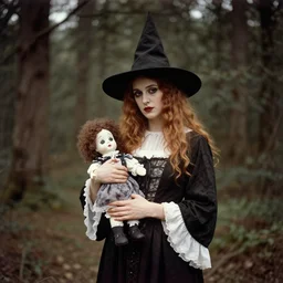 portrait of a ratched witch holding a voodoo doll in an ominous forest, 1 9 0 0 s photography