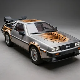 a delorean with tiger skin print detailing,