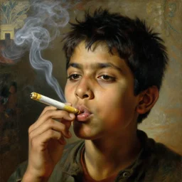 a beautiful cinematic masterpiece classical headshot closeup portrait of a stoner indian boy smoking a joint, stoned, tripping, head only, by greg rutkowski, by jean - honore fragonard, oil on canvas, ornate, suburban, brilliant lighting, smoke, chiaroscuro, detailed, no frames, 8 k
