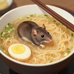 rat ramen, hd photo, rat swimming in ramen soup, japanese bowl chopsticks food photo trending on artstation
