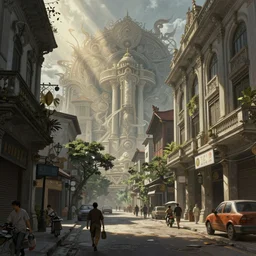 intricate concept illustration, manila street, by wlop, hyper realistic, digital painting, artstation, octane render, cgsociety