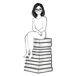 clean simple line art of a woman with glasses sitting on top of a tall pile of books. white background. well composed, clean black and white line drawing, beautiful detailed face. illustration by josan gonzalez and steve ditko and greg rutkowski