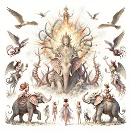 intricate scenery of a delirium of creatures and feminine demons and gods and angels running with dragons elephants centipede and birds into the explosion of god in the act of creating the biggest city landscape ever created in the burning sun of anthropocene, flemish painting, highly detailed, intricate, ornate, digital art