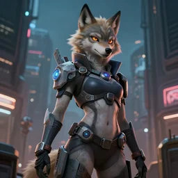 anthropomorphic female wolf fursona wearing a tech harness in a cyberpunk city, photo realistic, league of legends art style, ambient lighting