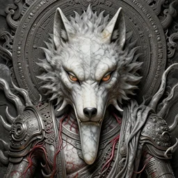a human with wolf head, naraka buddhist demon japan, thailand art, tubular creature, blood vesels, dystopian surrealism, artstyle alex ries zdzisław beksinski, symmetry accurate features, very intricate details, high resolution, 4 k, symmetrical long head, smooth marble surfaces, detailed ink illustration, metal gear, cinematic smooth stone, deep aesthetic, concept art, post process, carved marble texture silk cloth, latex skin, highly ornate intricate details, in the style of wlop
