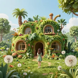 a girl standingh in a beautiful organic house made of imaginary plants and dandelions in a serene garden, architectural render, chillwave, futuresynth, outrun, by gabriel dawe, skottie young and jessica rossier, vegetal architecture, by isaac cordal 2, junglepunk, blender, trending on behance