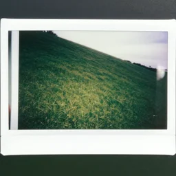 polaroid photo of a empty steep grass hill, flash photography at night