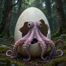 a giant octopust hatching a giant egg in a forest, beautiful low light, octane render 8 k