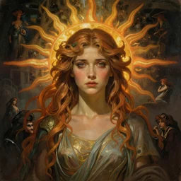 stunning, breathtaking, awe-inspiring award-winning concept art nouveau painting of attractive Lili Reinhart as the goddess of the sun, with anxious, piercing eyes, by Alphonse Mucha, Michael Whelan, William Adolphe Bouguereau, John Williams Waterhouse, and Donato Giancola, cyberpunk, extremely moody lighting, glowing light and shadow, atmospheric, cinematic, 8K