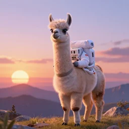 llama as an astronaut, sunset, mountain, disney pixar, highly detailed, trending on artstation