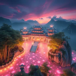 magic palace, emei mountain, paradise, white, pink, luminous water, bamboos, magic, realism, redshift rendering 3 d, super detail, lifelike, 8 k, masterpiece, functional art station, top view, panorama, super wide angle ， crepuscular ray ， mood lighting