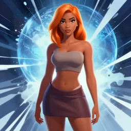 upper body illustration of a beautiful latin girl, brown skin, orange hair, small waist, she wears a pretty miniskirt, mattepainting concept blizzard pixar maya engine on stylized background splash comics global illumination lighting artstation, sharp focus, epic, elegant greg rutkowski