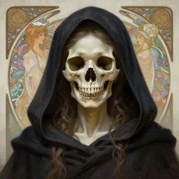epic portrait an death goddess with a skull face and a hood on, death, dark, skull, digital painting, artstation, concept art, soft light, hdri, smooth, sharp focus, illustration, fantasy, intricate, elegant, highly detailed, D&D, matte painting, in the style of Greg Rutkowski and Alphonse Mucha and artemisia, 8k, highly detailed, jurgens, rutkowski, bouguereau, pastoral, rustic, georgic, detailed concept art, illustration, colorful pastel, painting, detail, ultra detailed, digital art, 4K,
