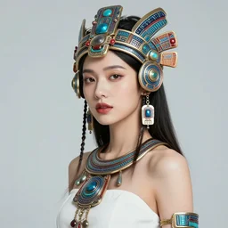 beautiful Fine art photo of a young woman wearing a cyberpunk mayan helmet, photorealistic, high quality, sunset lighting, in the movie 2001 A SpaceOdyssey, 8k