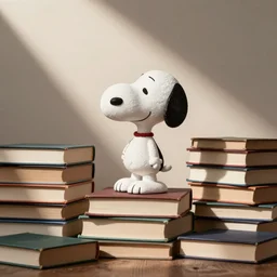 snoopy by schulz on a pile of books,