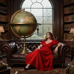 a woman larger in a red dress sits in a private library with floor to ceiling windows, dark wood, leather couches, steampunk, unique, eccentric, large globe, caravaggio, artstation, beautiful, soft lighting, highly detailed, study