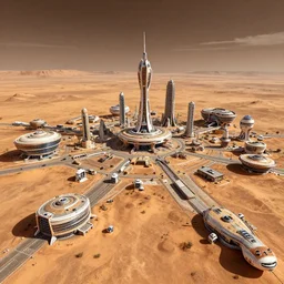 wide angle view, futuristic mars colony city, in the style of wimmelbilder