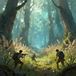 modern reed - people hunting in futuristic spiritual mystical post apocalyptic forest drawn by justin roiland, dim painterly volumetric aquatic lighting, beautiful, crisp, artstation, highly detailed